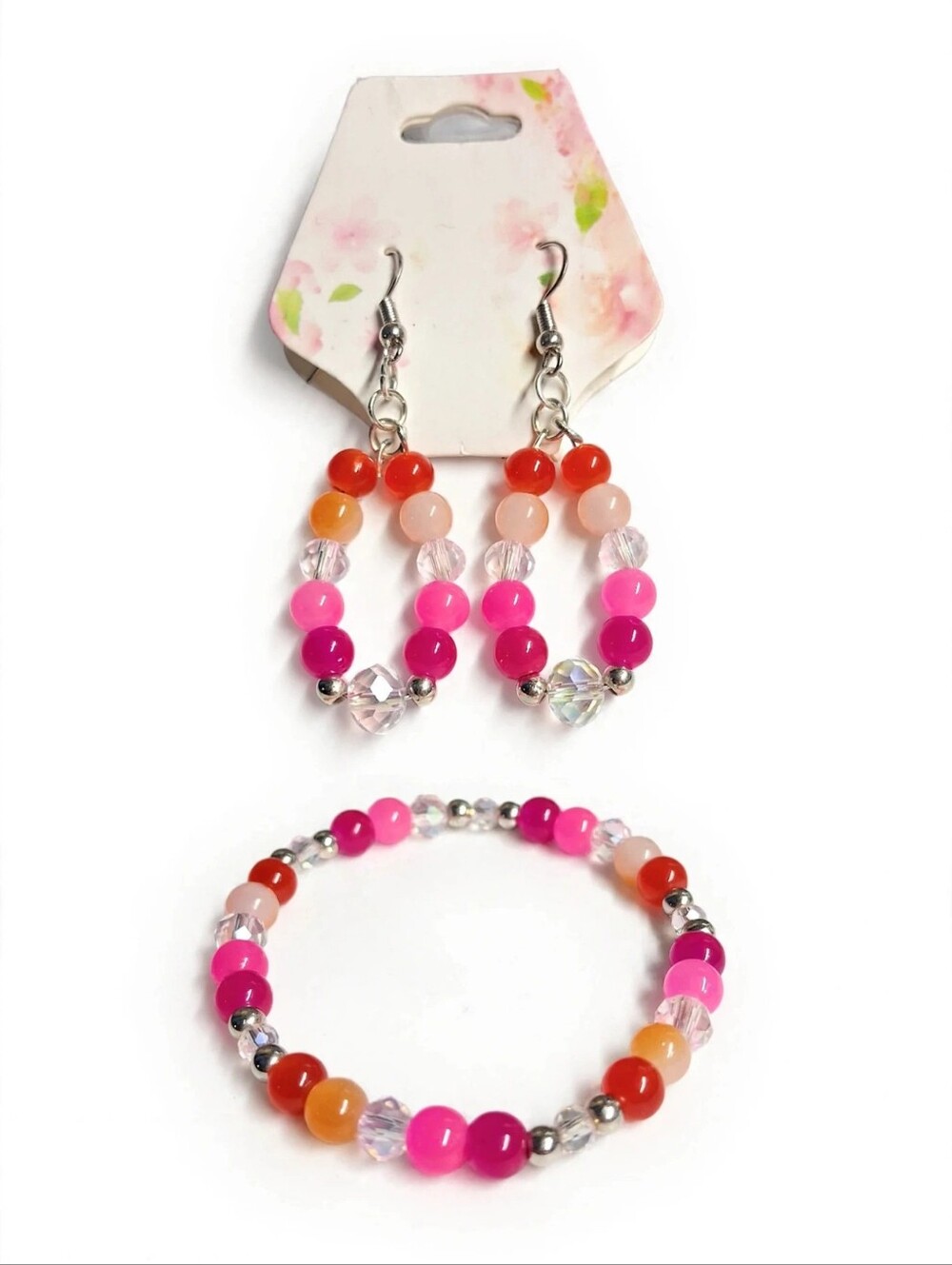 Handmade Pink & Orange Beaded Hoop Earrings